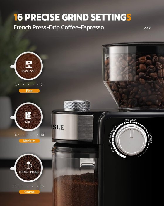 Electric Burr Coffee Grinder - 16 Settings, Stainless Steel (image 2)