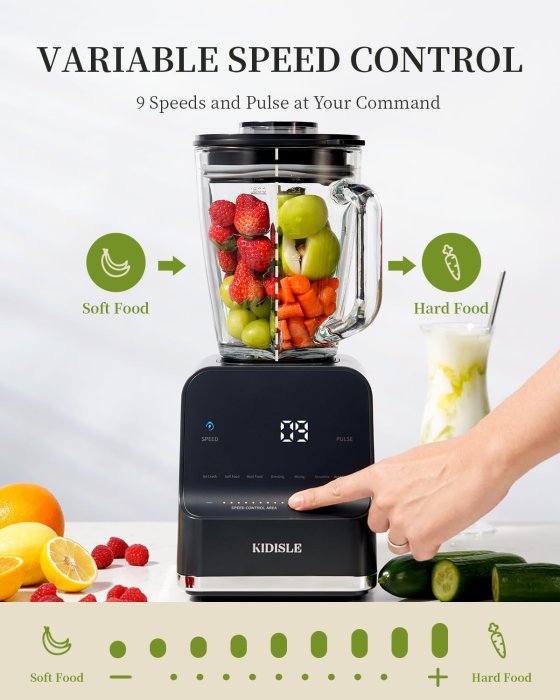 Powerful Smoothie Blender 1200W, 52oz Glass Jar, 9 Speeds, Dark Gray (image 4)